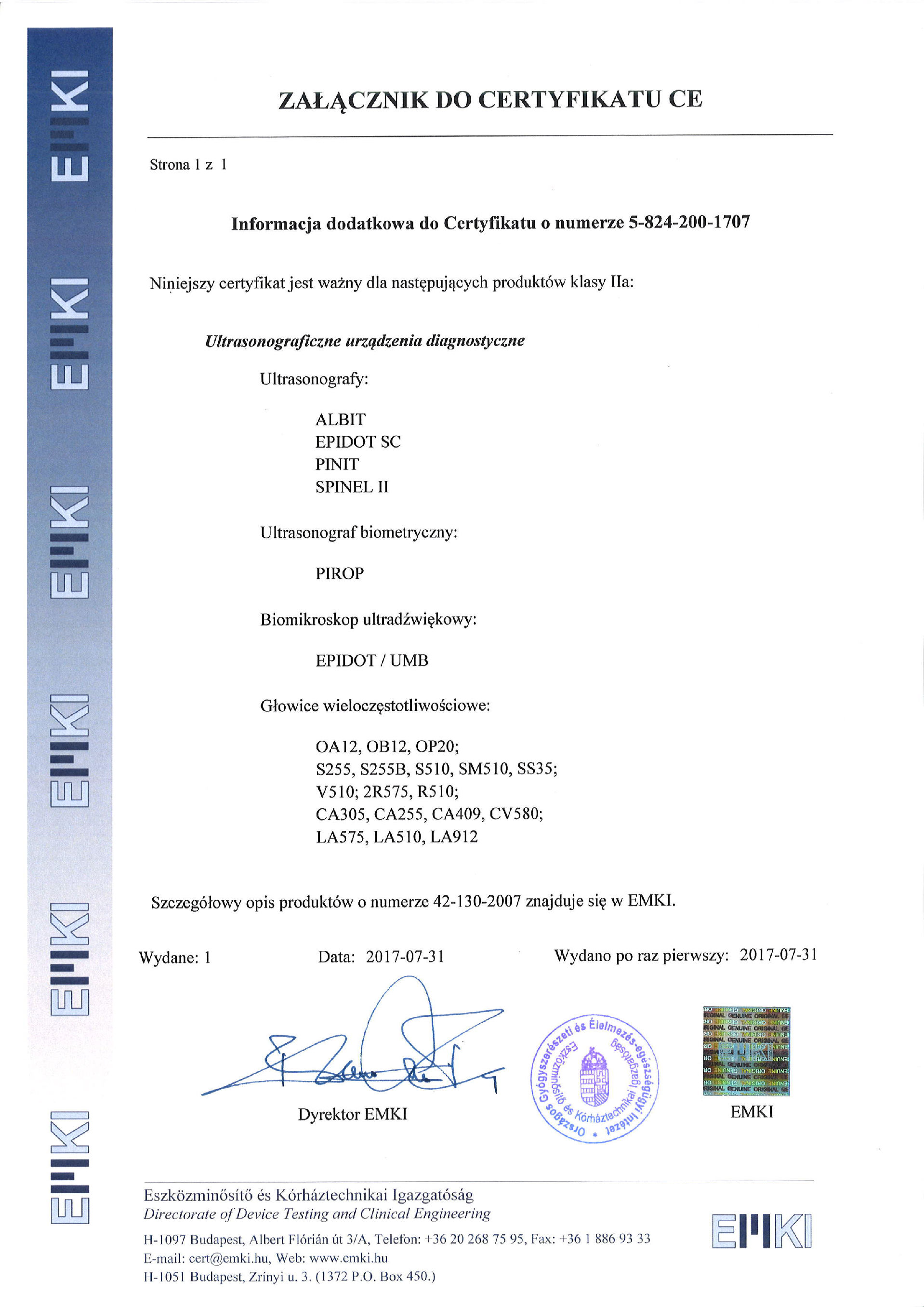 Załącznik do Certyfikatu CE