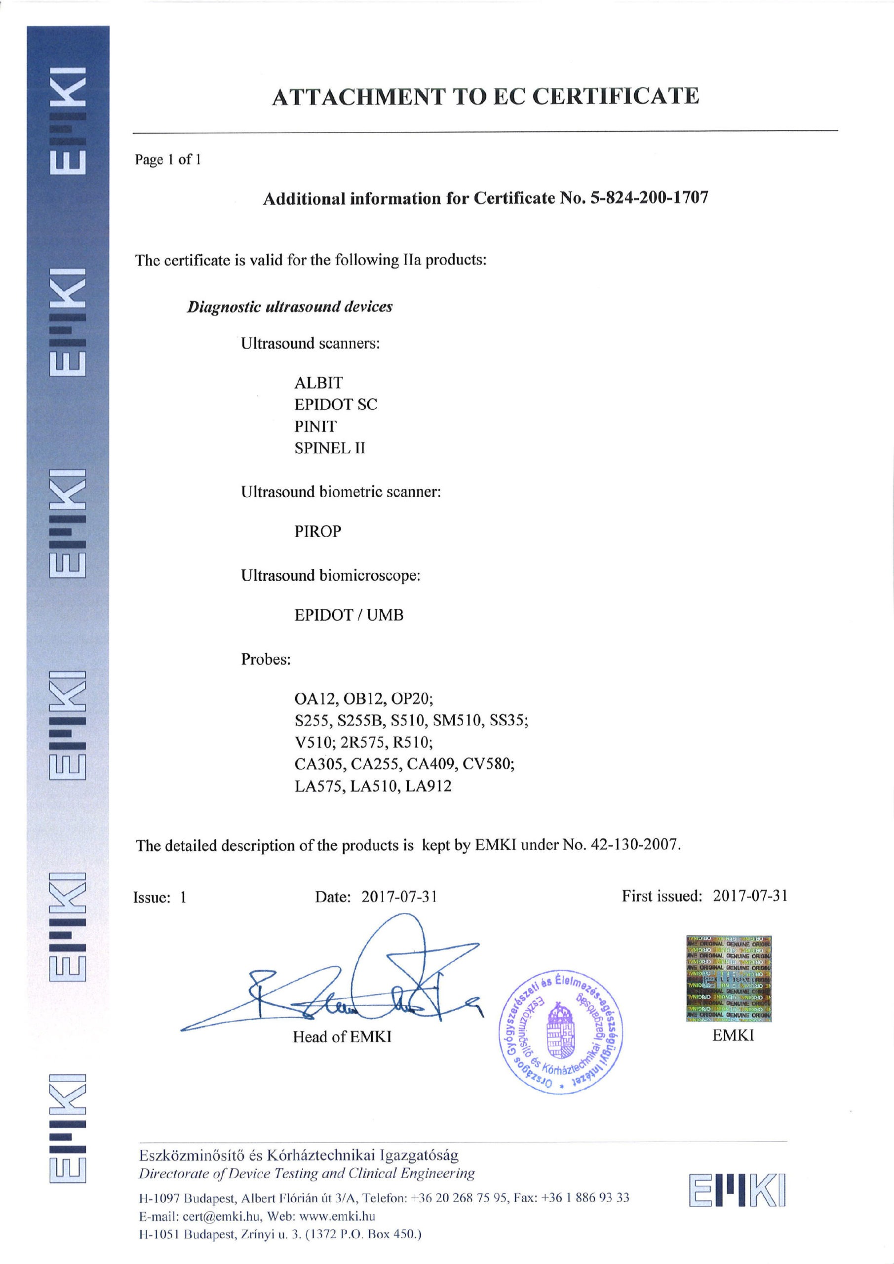Attachment to CE Certificate